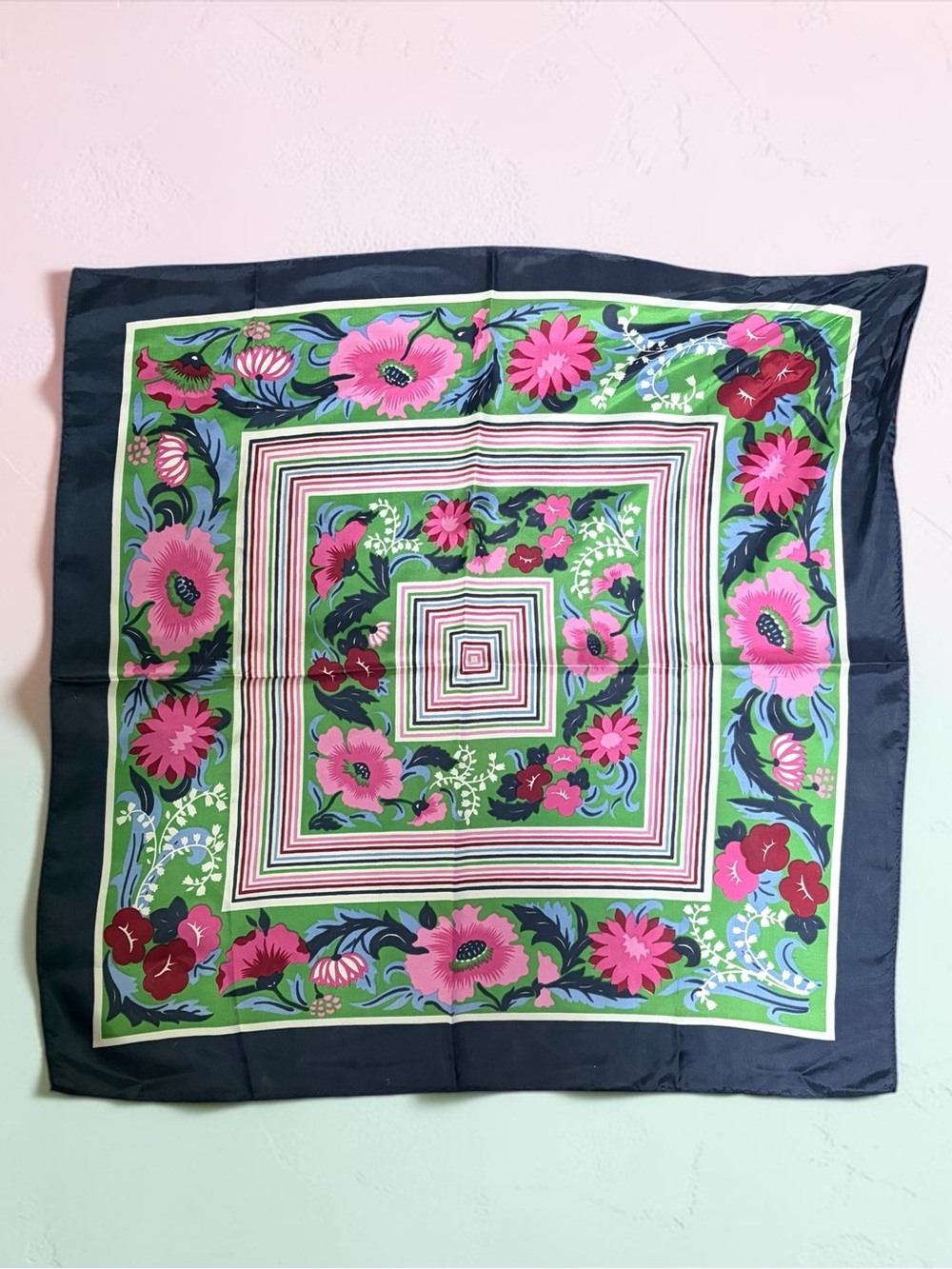 Floral Square Silk Scarf in Pink, Green & Navy